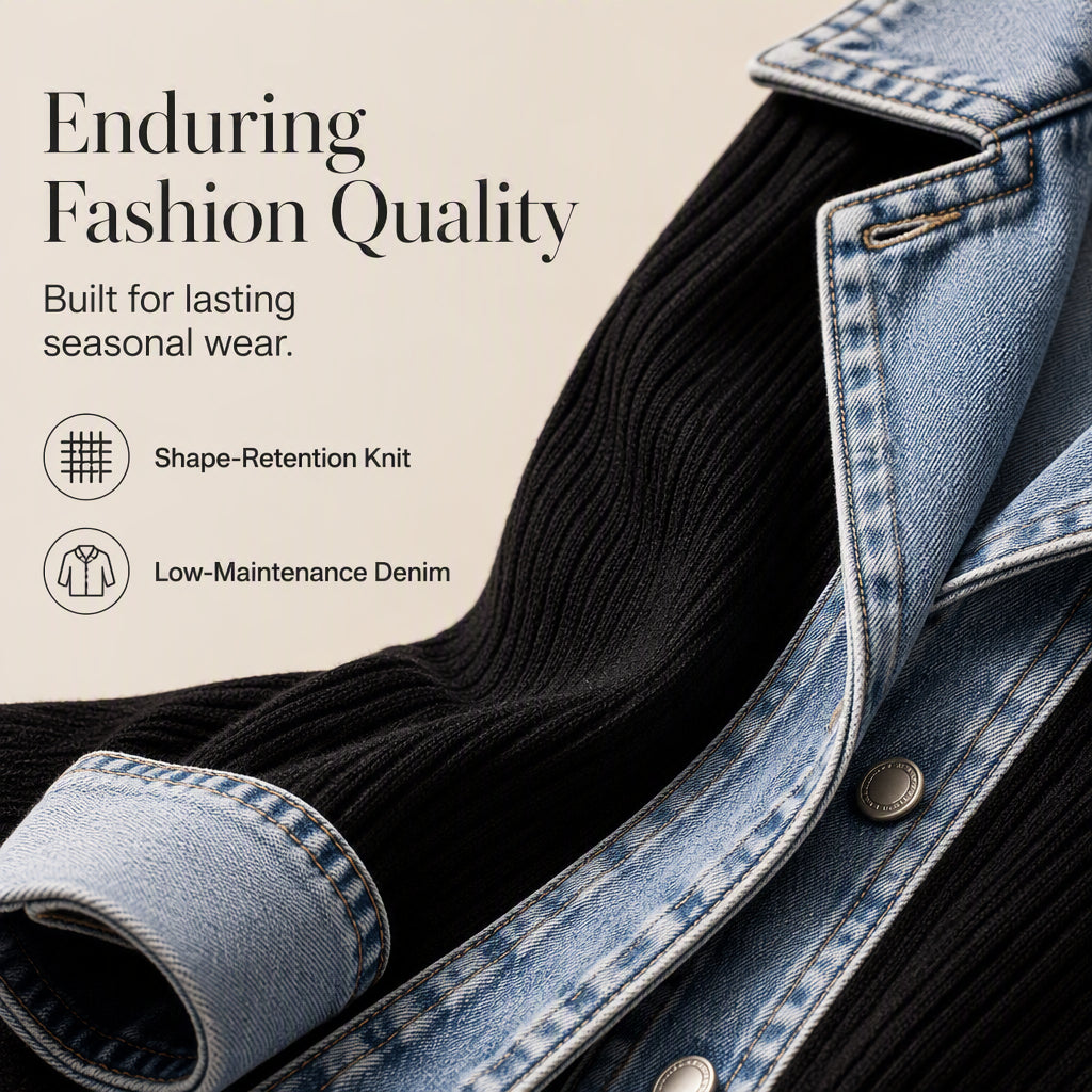 Greta™ Elegant Denim Jacket with Knit Inserts