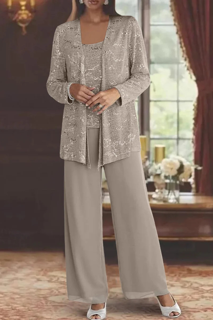 Miriam | Women Sequin Lace Jacket Three Piece Wide Leg Wedding Guest Trouser Suit