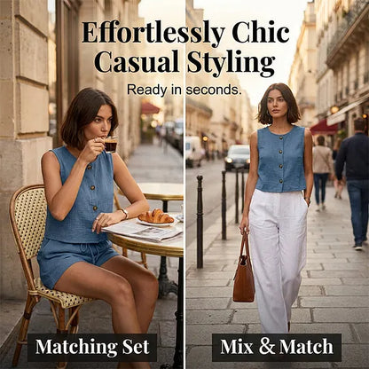 Women's sleeveless button-down blouse and shorts