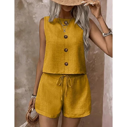 Women's sleeveless button-down blouse and shorts