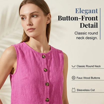 Women's sleeveless button-down blouse and shorts