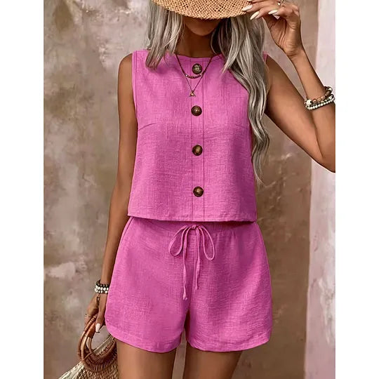 Women's sleeveless button-down blouse and shorts