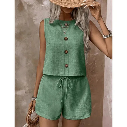 Women's sleeveless button-down blouse and shorts