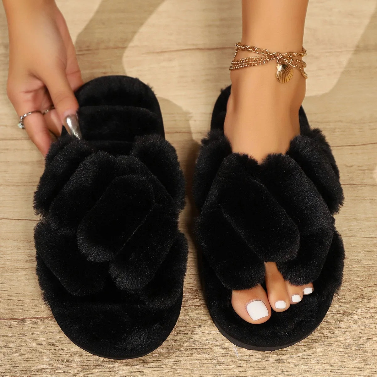 Luna Fluffy Cross Slippers