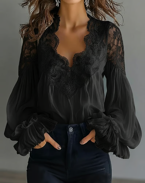 LACEVA – FLORAL LACE LANTERN SLEEVE BLOUSE