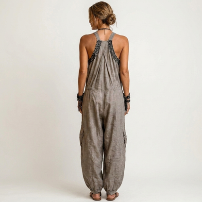 Rivala | Cotton-Linen Boho Jumpsuit With Embroidered Bodice And Patch Pockets