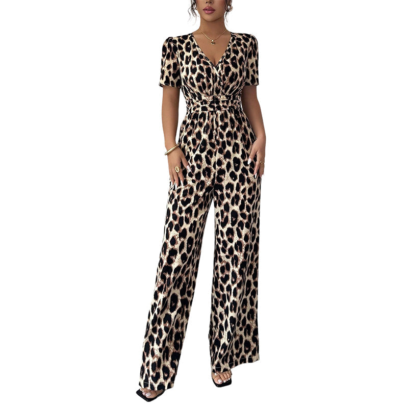 LEOVARA – LEOPARD V-NECK WIDE-LEG JUMPSUIT