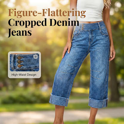 👖New Arrival💙Women Wide Leg Cropped Jeans Button High Waist Denim Pants