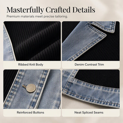Greta™ Elegant Denim Jacket with Knit Inserts