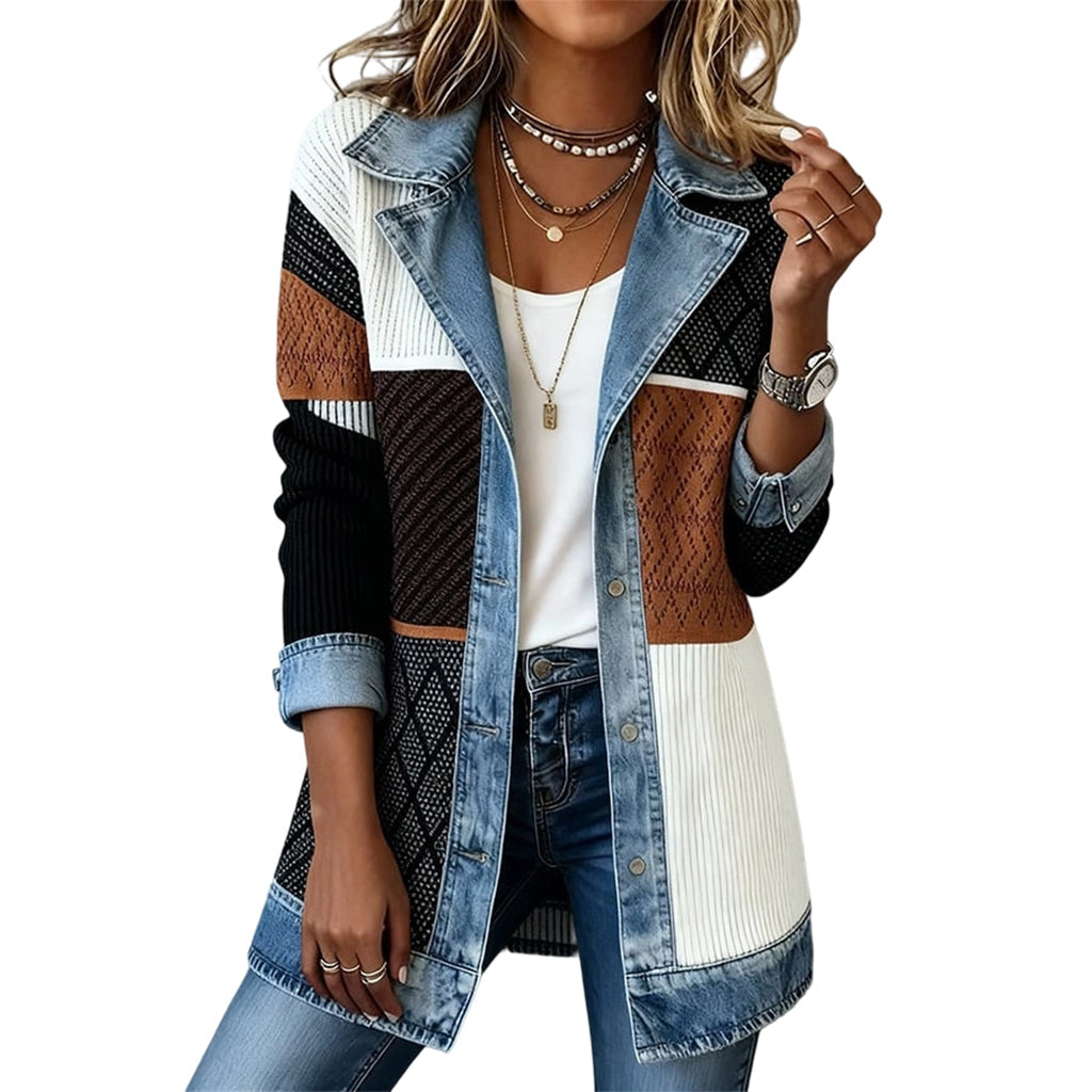 Greta™ Elegant Denim Jacket with Knit Inserts