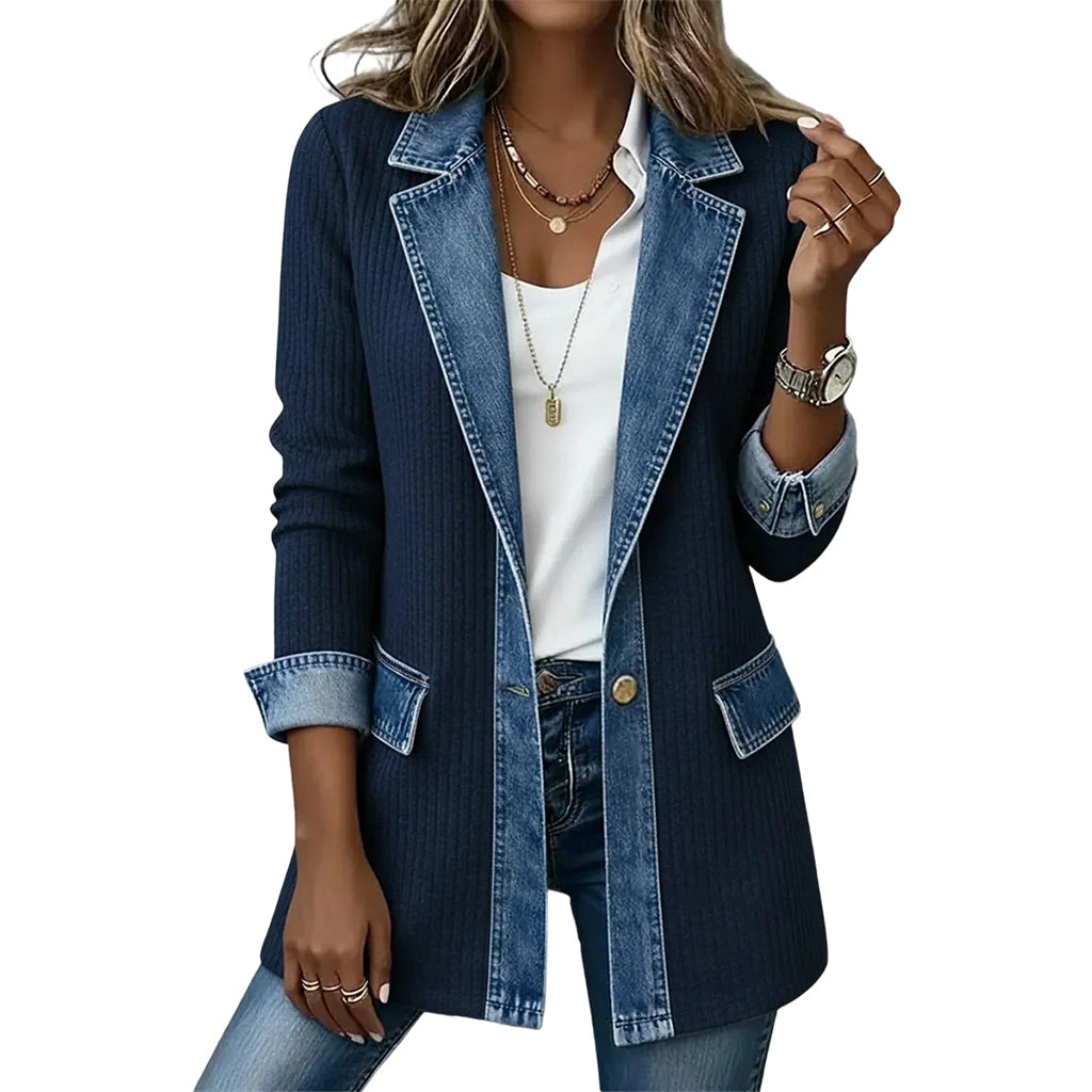 Greta™ Elegant Denim Jacket with Knit Inserts